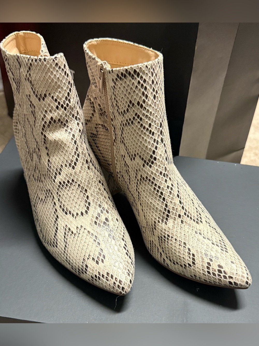 X2B Snake-Print Pointed Ankle Booties in Beige